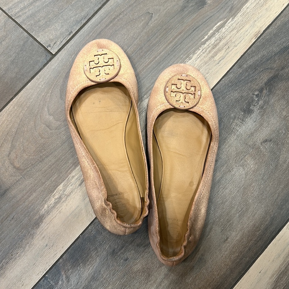 Tory Burch Minnie travel ballet flat light pink metallic suede 9